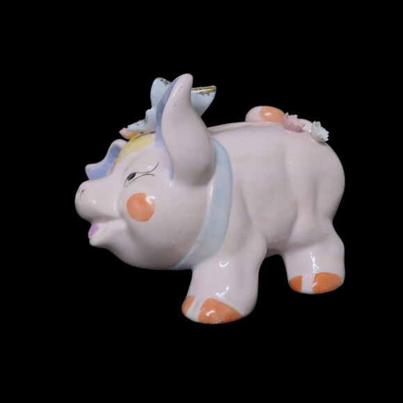 Vintage Lefton Cottagecore Kitsch Ceramic 3D  Flower Pink Pig Piggy Coin Bank - Picture 4 of 12